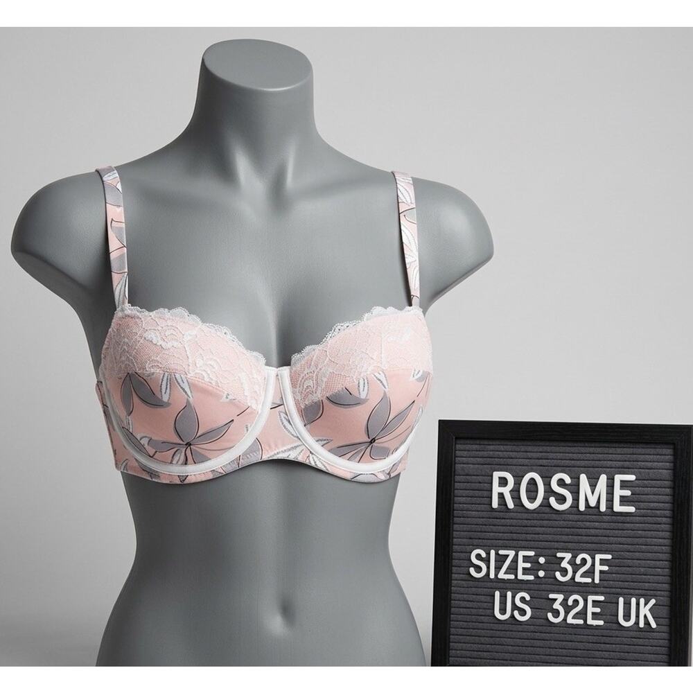 Rosme Bra 32F US 32E UK Pink Floral Lace Cotton Padded Balconette Underwire